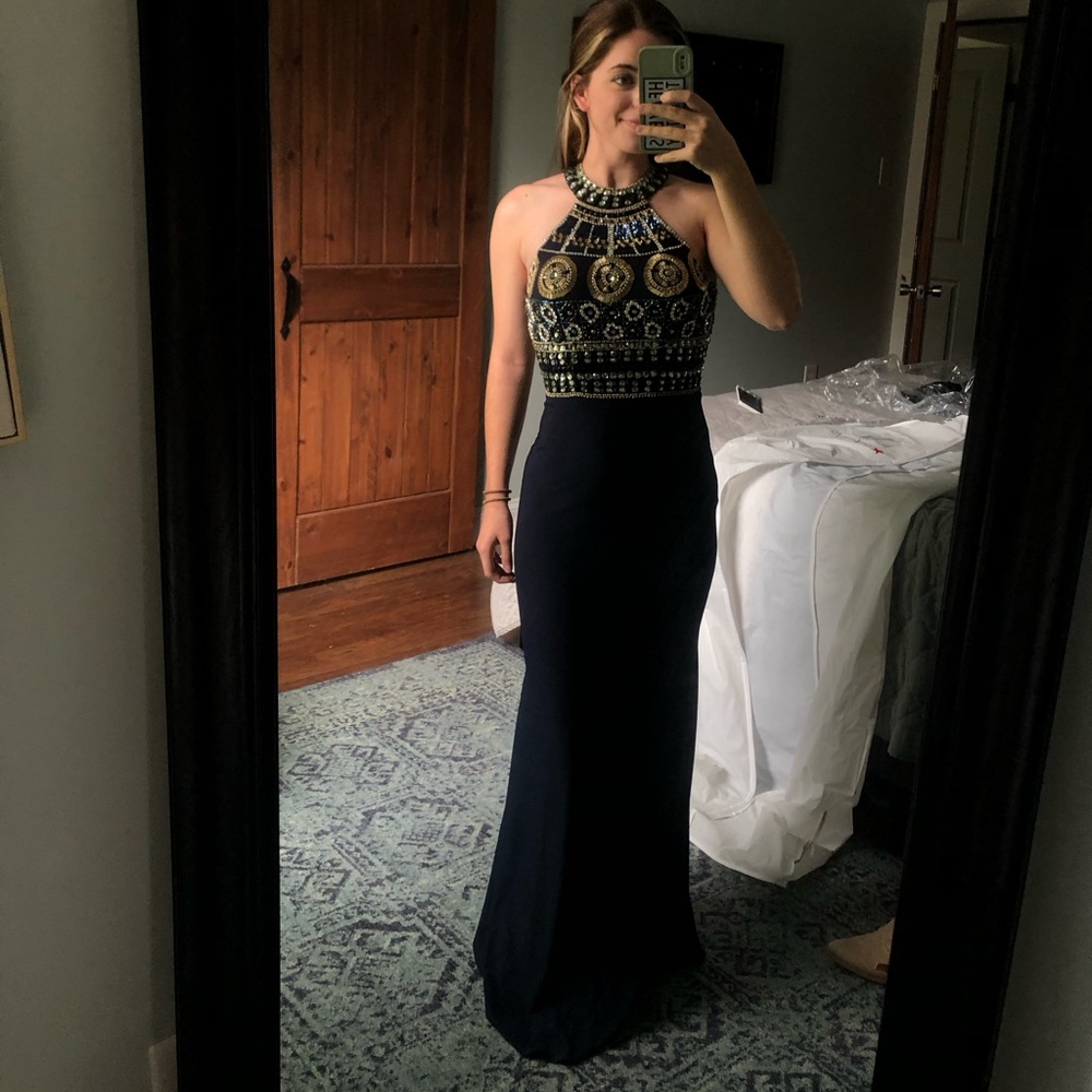 Beaded Navy Bodycon Prom Dress